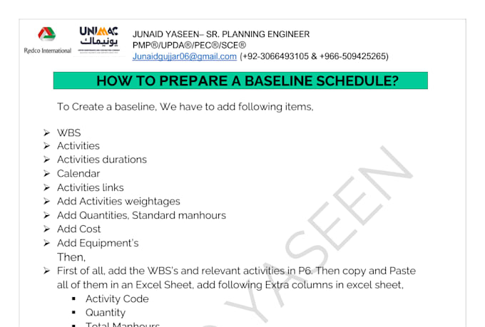 create primavera p6 project schedules, baselines etc